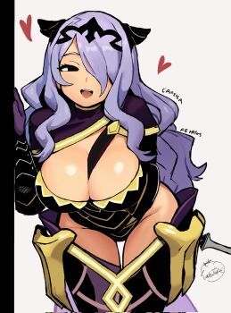 1girl against_door arm_support armor black_eyes black_panties breasts camilla_(fire_emblem) capelet cleavage fire_emblem fire_emblem_fates hair_over_one_eye heart highres large_breasts leaning_forward long_hair looking_at_viewer lunchiblz nintendo open_mouth panties purple_hair smile solo thick_thighs thighs tiara underwear