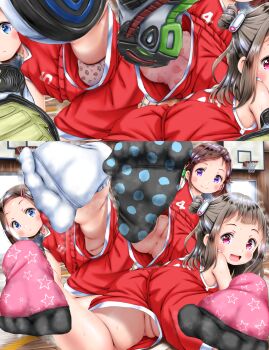 3girls absurdres ass barefoot basketball_court before_and_after blush cameltoe censored cleft_of_venus clothing_aside fat_mons female_focus flat_chest foot_focus from_behind higeepon highres huge_filesize loli looking_at_viewer looking_back mosaic_censoring multiple_girls no_panties panties print_panties pussy shorts shorts_aside smile socks split_screen sports_uniform steam sweat tagme thighs third-party_edit underwear unworn_panties