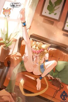 1boy ahoge animal_ears anklet armlet artist_name autofellatio barefoot blonde_hair cat_ears cat_tail commentary couch dutch_angle english_commentary erection feet fellatio head_wreath highres indoors jewelry leg_up lens_flare licking licking_penis light_rays long_hair male_focus male_masturbation masturbation navel_piercing nipple_piercing oral original penis penis_piercing piercing plant potted_plant sitting soles solo tail testicles thighlet thighs toes watermark web_address yeougui