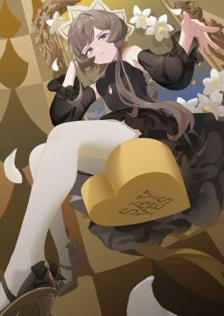 1girl 69pou absurdres alternate_costume black_dress black_sleeves blue_eyes brown_shoes detached_sleeves dress from_below genshin_impact grey_hair hashtag-only_commentary high_heels highres long_hair looking_at_viewer mirror pantyhose sandrone_(genshin_impact) shoes sitting solo strapless strapless_dress white_headdress white_pantyhose