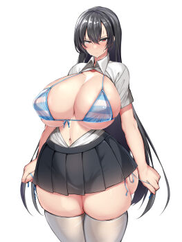 1girl bikini bikini_under_clothes black_hair blush breasts cleavage covered_erect_nipples curvy highres huge_breasts kawahagi-tei kawahagitei long_hair looking_at_viewer navel open_clothes open_shirt original panties red_eyes school_uniform side-tie_panties solo standing swimsuit thick_thighs thighhighs thighs underwear very_long_hair white_background wide_hips