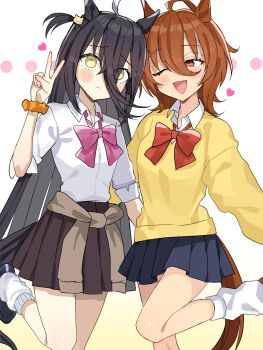 2girls :3 agnes_tachyon_(umamusume) ahoge alternate_hairstyle animal_ears black_hair black_skirt blue_skirt blush bow bowtie breasts brown_hair brown_sweater cat_hair_ornament clothes_around_waist collared_shirt crossed_bangs embarrassed eyes_visible_through_hair flat_chest gyaru hair_between_eyes hair_ornament hand_up highres horse_ears horse_girl horse_tail huge_ahoge leg_up long_bangs long_hair long_hair_between_eyes long_sleeves looking_at_another loose_bowtie loose_socks manhattan_cafe_(umamusume) medium_hair multicolored_hair multiple_girls nochatea one_eye_closed one_side_up open_mouth orange_scrunchie pink_bow pink_bowtie pleated_skirt red_bow red_bowtie red_eyes scrunchie shirt shirt_tucked_in skirt sleeves_rolled_up small_breasts smile socks standing sweater sweater_around_waist tail umamusume v very_long_hair white_hair white_shirt white_socks wolf_cut wrist_scrunchie yellow_eyes yellow_sweater