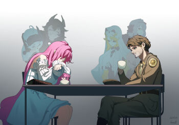 1boy 5girls 95hoody andersen_(nikke) blonde_hair breasts brown_hair brown_pants brown_shirt chair closed_eyes closed_mouth crying cup dorothy_(nikke) dress drinking_glass goddess_of_victory:_nikke green_eyes grey_hair headpiece highres holding holding_cup horns large_breasts long_hair looking_at_another mechanical_horns multiple_girls on_chair pants pink_hair rapunzel_(nikke) rapunzel_(pure_grace)_(nikke) red_hair red_hood_(nikke) scarlet_(black_shadow)_(nikke) scarlet_(nikke) shirt short_hair sitting smile snow_white_(innocent_days)_(nikke) snow_white_(nikke) table white_dress white_hair