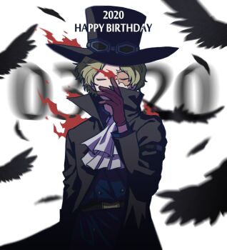 Rule 34 | 1boy, 2020, ascot, bird, black coat, blonde hair, blue shirt, brown gloves, closed eyes, coat, commentary, crow, dated, embers, gloves, goggles, goggles on headwear, happy birthday, hat, masukawagen, one piece, sabo (one piece), scar, scar on face, shirt, short hair, solo, white ascot, white background