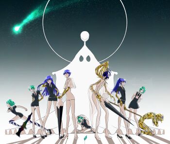 6+others age_progression arm_behind_head arms_behind_back blue_eyes blue_hair colored_skin commentary_request crystal_hair facing_to_the_side facing_viewer gem_uniform_(houseki_no_kuni) gold_blood golden_arms green_eyes green_hair halo head_tilt highres holding holding_sheath holding_sword holding_weapon houseki_no_kuni kneeling kurodai long_hair moon_uniform_(houseki_no_kuni) multiple_others one_eye_closed phosphophyllite phosphophyllite_(10000) phosphophyllite_(gemstone) phosphophyllite_(ll) running sheath shooting_star short_hair sky smile sparkle spoilers star_(sky) starry_sky sword time_progression weapon white_skin