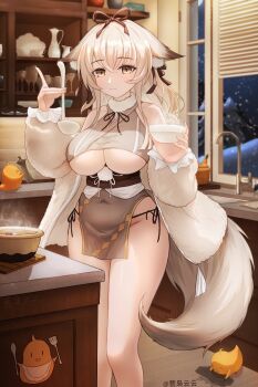 1girl :3 animal_ear_fluff animal_ears azur_lane black_panties black_ribbon breasts covered_navel fox_ears fox_girl fox_tail hair_ribbon highres holding holding_ladle indoors jacket japanese_clothes kitchen ladle large_breasts manjuu_(azur_lane) minase_(azur_lane) panties pelvic_curtain plum ribbon side-tie_panties snow suoxiaoyun tail underboob underwear white_hair white_jacket yellow_eyes
