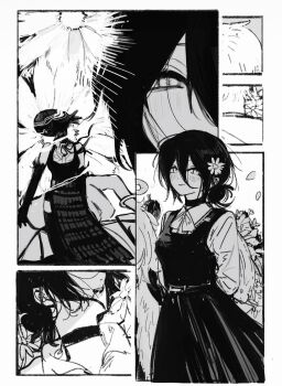 1girl apron arms_behind_back black_apron black_choker black_dress black_gloves black_hair black_thighhighs blood blood_from_mouth blush bomb_devil_(chainsaw_man) bouquet breasts chainsaw_man choker collared_shirt cowboy_shot dress dual_persona elbow_gloves falling_petals flower gloves grenade_pin greyscale hair_between_eyes hair_bun hair_flower hair_ornament highres holding holding_bouquet looking_at_viewer medium_breasts medium_hair mizu1202001 monochrome neck_ribbon parted_lips petals reze_(chainsaw_man) ribbon shirt shirt_under_dress smile thighhighs white_ribbon white_shirt