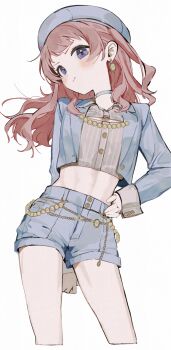 1girl absurdres beret blue_choker blue_eyes blue_hat blue_jacket blue_shorts boom_boom_pow_(idolmaster) breasts choker cleavage clothing_cutout cropped_jacket cropped_shirt earrings gakuen_idolmaster hanami_saki hat highres idolmaster jacket jewelry long_hair long_sleeves looking_at_viewer midriff official_alternate_costume shorts solo tsuchi_(sh_spica1)