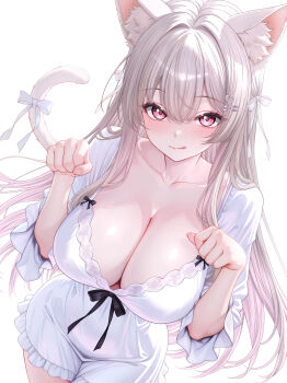 1girl :q animal_ear_fluff animal_ears blush breasts cat_ears cat_girl cat_tail character_request check_character cleavage closed_mouth collarbone commentary_request dress hands_up highres indie_virtual_youtuber large_breasts long_hair long_sleeves looking_at_viewer mole mole_under_eye pink_eyes pink_hair smile solo studiopokotan tail tongue tongue_out uise_iu virtual_youtuber white_dress white_hair