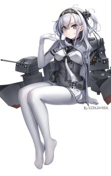 1girl absurdres black_headband black_sailor_collar blue_eyes blush bodysuit breasts cape chou-10cm-hou-chan chou-10cm-hou-chan_(suzutsuki's) clothes_writing commentary_request corset grey_cape grey_eyes grey_hair grey_jacket grey_neckerchief grey_shawl hachimaki hair_between_eyes headband highres jacket kantai_collection kzdlz long_hair looking_at_viewer medium_breasts neckerchief one_side_up pantyhose rigging sailor_collar school_uniform serafuku shawl ship_turret skirt smile suzutsuki_(kancolle) white_background white_bodysuit white_headband white_neckerchief white_pantyhose white_skirt