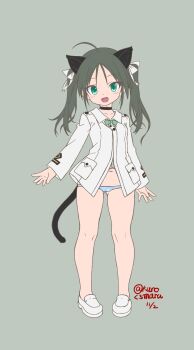 1girl ahoge animal_ears black_hair cat_ears cat_girl cat_tail choker fang francesca_lucchini full_body gluteal_fold green_eyes grey_background highres jacket kuromaru-4321 loli long_hair looking_at_viewer lowleg lowleg_panties navel no_pants open_mouth panties ribbon shoes simple_background smile solo standing strike_witches striped_clothes striped_panties tail thighs twintails underwear white_jacket white_ribbon white_shoes world_witches_series