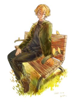 1boy aitib bench bespectacled bird black_pants black_shoes blonde_hair full_body glasses green_jacket highres jacket limbus_company looking_at_viewer male_focus pants park_bench project_moon round_eyewear shoes short_hair simple_background sinclair_(project_moon) sitting solo white_background yellow_eyes
