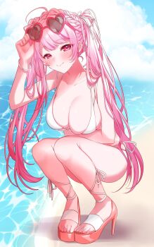 1girl bare_shoulders beach bikini blue_bikini blue_sky braid breasts cleavage cloud cloudy_sky commentary_request commission crown_braid hanayura_tira_(vtuber) heart heart-shaped_eyewear high_heels highres indie_virtual_youtuber large_breasts long_hair looking_at_viewer mei_hinamatsu ocean orange_shoes pink-framed_eyewear pink_eyes pink_hair second-party_source shoes sky smile solo squatting sunglasses swimsuit twintails virtual_youtuber water