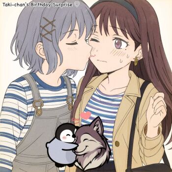 2girls animalization bang_dream! bang_dream!_it's_mygo!!!!! bird black_hairband blue_shirt blush brown_hair commentary grey_hair grey_overalls hairband kiss kissing_cheek long_hair mocaraneru mole mole_under_eye multiple_girls overalls penguin purple_eyes shiina_taki shirt short_hair simple_background striped_clothes striped_shirt sweatdrop takamatsu_tomori upper_body white_background wolf yuri