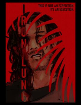 Rule 34 | 1boy, beard, black border, black hair, border, copyright name, english text, facial hair, head tilt, highres, iron lung (movie), long hair, looking up, parted lips, red theme, simon (iron lung), sketchy ghost, solo, source quote, upper body, wavy hair