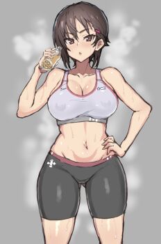 1girl black_shorts bottle breasts brown_eyes brown_hair commentary_request covered_erect_nipples cowboy_shot crop_top cross drinking energy_drink fitness_gym girls_und_panzer grey_background hair_between_eyes hair_ornament hairclip hand_on_own_hip highres holding holding_bottle iron_cross large_breasts mordeth nike_(company) nishizumi_maho open_mouth parted_lips short_hair shorts sleeveless solo sports_bra sportswear star_(symbol) sweat sweatdrop toned toned_female training white_sports_bra