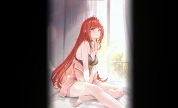 1girl absurdres black_nightgown blush breasts cleavage dolphin_shorts game_screenshot goddess_of_victory:_nikke highres lace-trimmed_nightgown long_hair looking_at_viewer ludaf nightgown official_alternate_costume official_alternate_design official_alternate_hair_color official_art on_bed pajamas pink_pajamas pink_shorts rapi_(nikke) rapi_(red_hood)_(cherished_red)_(nikke) rapi_(red_hood)_(nikke) red_eyes shorts sidelocks sitting