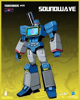 1boy clenched_hand copyright_name dan_mora decepticon highres humanoid_robot joints looking_at_viewer mechanical_arms mechanical_legs no_humans official_art red_eyes robot robot_joints shoulder_cannon solo soundwave_(transformers) transformers transformers_(skybound) weapon