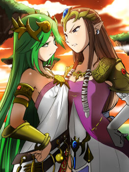 2girls angry armor bare_shoulders blue_eyes breast_press breasts brown_hair cleavage cloud dress earrings eichi1219 elbow_gloves eye_contact face-to-face floating_island glaring gloves green_eyes green_hair hand_on_own_hip jewelry kid_icarus kid_icarus_uprising lightning_glare long_hair looking_at_another low-tied_long_hair multiple_girls necklace nintendo palutena pauldrons pointy_ears princess_zelda shoulder_armor skinny slender strapless strapless_dress sunset super_smash_bros. symmetrical_docking the_legend_of_zelda the_legend_of_zelda:_twilight_princess tiara very_long_hair white_gloves