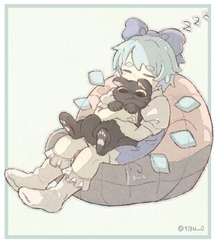 1girl animal animal_hug bean_bag_chair black_cat blue_background blue_bow blue_dress blue_hair border bow cat chigu cirno closed_eyes collared_shirt commentary_request detached_wings dress facing_viewer frilled_socks frills full_body green_background green_border hair_bow highres holding holding_animal ice ice_wings no_shoes outside_border pinafore_dress puffy_short_sleeves puffy_sleeves shirt short_hair short_sleeves sitting sleeping sleeveless sleeveless_dress socks thick_eyebrows touhou twitter_username white_border white_shirt white_socks wings zzz