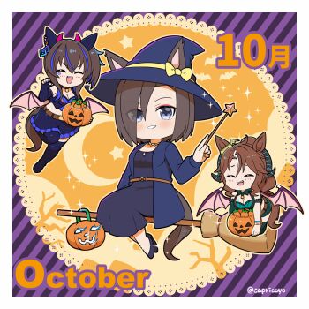 Rule 34 | 3girls, :d, ^ ^, air groove (umamusume), animal ears, black dress, black shoes, blue boots, blue eyes, blue fire, blue gloves, blue hair, blue hat, blue jacket, blue skirt, blush, boots, bow, breasts, broom, broom riding, brown hair, capriccyo, chibi, cleavage, closed eyes, commentary request, daitaku helios (devil in the moonlight) (umamusume), daitaku helios (umamusume), demon horns, demon wings, diagonal-striped background, doily, dress, ears through headwear, elbow gloves, fangs, fingerless gloves, fire, frilled skirt, frills, gloves, green bow, green gloves, green skirt, hair between eyes, hat, highres, holding, holding wand, horns, horse ears, horse girl, horse tail, jack-o'-lantern, jacket, large breasts, low wings, mejiro palmer (devil in the moonlight) (umamusume), mejiro palmer (umamusume), multicolored hair, multiple girls, open clothes, open jacket, open mouth, pink wings, ponytail, shoes, side ponytail, single glove, skirt, smile, star (symbol), streaked hair, striped background, tail, thigh boots, twitter username, umamusume, wand, white hair, wings, witch hat