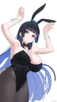 1girl armpits black_hair blue_eyes blue_hair bow bowtie breasts gototo_touma hololive hololive_english large_breasts leotard ouro_kronii playboy_bunny rabbit_ears tagme virtual_youtuber