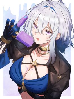 1girl absurdres ahoge black_jacket blue_bra blue_hair blue_nails border bra breasts collarbone commentary_request dobu_jelly fingernails food galbrena_(wuthering_waves) gold_choker grey_hair hair_between_eyes hair_intakes hand_up highres holding holding_food holding_popsicle jacket large_breasts looking_at_viewer medium_hair mole mole_on_neck open_mouth popsicle purple_eyes second-party_source sharp_fingernails solo underwear upper_body very_long_fingernails white_border wuthering_waves