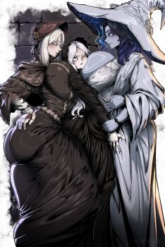 3girls anger_vein anguriask ass between_breasts bloodborne blue_eyes blue_hair blue_skin bonnet breast_press breast_smother breasts colored_skin curvy doll doll_girl doll_joints elden_ring elden_ring_nightreign extra_arms face_to_breasts hand_on_own_hip hat height_difference huge_ass huge_breasts joints large_breasts multiple_girls pale_skin plain_doll ranni_the_witch revenant_(elden_ring) size_difference white_eyes white_hair witch_hat