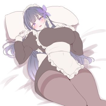 1girl absurdres apron black_dress blue_hair blush breasts brown_pantyhose butterfly_hair_ornament commentary_request cowboy_shot dress flat_color hair_ornament head_on_pillow highres indie_virtual_youtuber juliet_sleeves large_breasts long_hair long_sleeves looking_at_viewer lying maid maid_headdress mimyo_(vtuber) multicolored_hair on_back open_mouth pantyhose pillow puffy_sleeves purple_eyes purple_streaks rapid17 single_hair_streak smile solo streaked_hair thighband_pantyhose thighs virtual_youtuber waist_apron white_apron