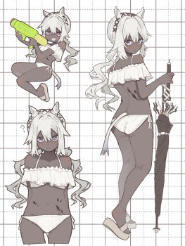 1girl alternate_costume arknights ass bikini blush camel_ears camel_girl camel_tail chibi chibi_inset closed_umbrella dark-skinned_female dark_skin frilled_bikini frills frown grin highres hiruandon222 holding holding_umbrella holding_water_gun looking_at_viewer material_growth multiple_views oripathy_lesion_(arknights) purple_eyes sandals simple_background smile swimsuit tuye_(arknights) twintails umbrella water_gun wavy_hair white_background white_bikini white_hair white_sandals