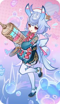 1girl apron aqua_shirt bad_source blue_hair bow bowtie full_body genshin_impact gloves hat large_syringe long_sleeves looking_at_viewer low_twintails nurse_cap official_art open_mouth oversized_object pantyhose pom_pom_(clothes) puffy_shorts red_bow red_bowtie red_eyes shirt shoes shorts sigewinne_(genshin_impact) smile solo standing standing_on_one_leg syringe twintails white_apron white_gloves white_hat white_pantyhose