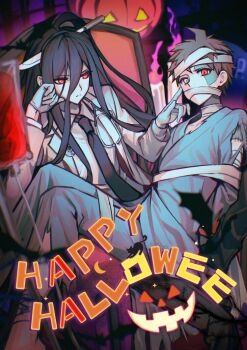 2boys ahoge aqua_gloves bandages_over_mouth black_hair black_necktie blue_pants blue_shirt brown_hair candle closed_mouth collared_shirt commentary cyacyacyacyaki danganronpa_(series) danganronpa_2:_goodbye_despair dual_persona english_text expressionless fire gloves halloween happy_halloween heterochromia hinata_hajime jack-o&#039;-lantern kamukura_izuru knife_in_head lab_coat lapels long_bangs long_hair loose_bandages male_focus multiple_boys necktie notched_lapels object_through_head open_clothes pants patchwork_skin pink_fire red_eyes shirt short_hair sitting stethoscope_around_neck symbol-only_commentary tombstone very_long_hair white_eyes white_shirt