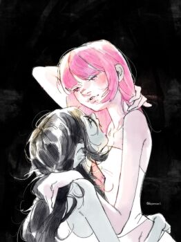 2girls adjusting_hair adventure_time arm_around_waist bermooli black_hair blush colored_skin highres long_hair marceline_abadeer multiple_girls parted_lips pink_eyes pink_hair pink_skin pointy_ears princess_bonnibel_bubblegum twitter_username yuri