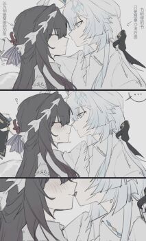 2girls black_hair blue_eyes blue_streaks book bow cerydra_(honkai:_star_rail) chinese_text close-up closed_eyes collared_shirt commentary_request gradient_hair hair_ornament highres honkai:_star_rail honkai_(series) hysilens_(honkai:_star_rail) imminent_kiss jewelry multicolored_hair multiple_girls nervous ribbon ring shan_xu shirt sweatdrop tongue tongue_out white_hair yuri