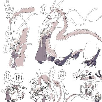 !? 2girls backward-facing_horns blush bow braid cheek_pull claws commentary_request dragon dragon_girl dragon_tail dress eastern_dragon fluffy hair_bow heart highres hong_meiling hong_meiling_(dragon) horns hug izayoi_sakuya long_hair long_sleeves lying maid_headdress monochrome monsterification multiple_girls nude on_back open_mouth scales scarf speech_bubble tail tail_wagging thought_bubble touhou translation_request twitter_username ukei624 very_long_hair whiskers yuri