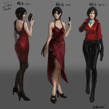 3girls ada_wong animal_print arm_at_side artist_name bare_arms belt belt_pouch black_belt black_boots black_choker black_hair black_pantyhose black_shoes boots bra bra_peek breasts butterfly_print character_age choker cleavage closed_mouth collarbone collared_shirt cross cross_necklace dress full_body grey_background gun handgun high_heels highres holding holding_cube holding_gun holding_weapon holster jewelry kurumi031212 medium_breasts multiple_girls multiple_persona necklace pantyhose popped_collar pouch print_dress red_dress red_shirt resident_evil resident_evil_2 resident_evil_2_(remake) resident_evil_4 resident_evil_4_(remake) resident_evil_6 shirt shoes short_dress short_hair short_sleeves sleeveless sleeveless_dress standing swept_bangs tachi-e thigh_holster thigh_strap translation_request underwear wallet_chain weapon