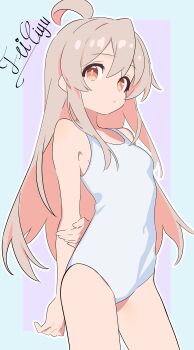 1girl absurdres ahoge arms_behind_back artist_name breasts brown_eyes brown_hair colored_inner_hair contrapposto fei_ciyu highres loli long_hair multicolored_hair one-piece_swimsuit onii-chan_wa_oshimai! oyama_mahiro pink_hair small_breasts solo swimsuit white_one-piece_swimsuit