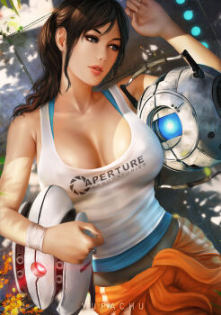1girl aperture_laboratories breasts brown_hair chell covered_erect_nipples cowboy_shot dappled_sunlight highres jumpsuit large_breasts lips long_hair orange_jumpsuit ponytail portal portal_(series) portal_2 sunlight tank_top sentry_turret_(portal) wheatley white_tank_top yupachu