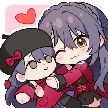 Rule 34 | 1girl, :3, artist request, black hair, braid, character doll, chibi, chibi only, commentary request, doll, girls' frontline, girls' frontline 2: exilium, heart, highres, lewis (girls' frontline), lewis (girls' frontline 2), official art, one eye closed, second-party source, solo, transparent background