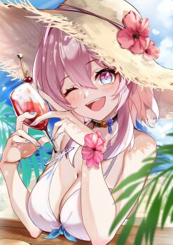 Rule 34 | 1girl, bare shoulders, bikini, black choker, blue eyes, blue nails, blue sky, breasts, cherry, choker, cup, cupping glass, day, flower, food, fruit, hat, hat flower, head tilt, highres, holding, holding cup, honkai: star rail, honkai (series), large breasts, march 7th (honkai: star rail), multicolored eyes, nail polish, outdoors, pink flower, pink hair, purple eyes, sky, solo, sublime, sun hat, swimsuit, two-tone eyes, upper body, white bikini, zawzawa