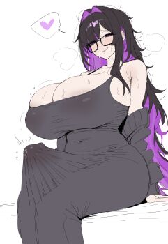 1girl absurdres bare_shoulders black_dress black_hair breasts bulge colored_inner_hair commentary_request dress erection erection_under_clothes futanari glasses goddess_of_victory:_nikke hair_intakes hair_over_one_eye heart highres huge_breasts korean_commentary label_(nikke) long_hair looking_at_viewer multicolored_hair precum precum_through_clothes purple_eyes purple_hair simple_background sitting smile solo spoken_heart sweat white_background xipa