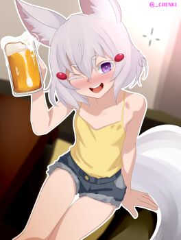 1girl :d absurdres alcohol animal_ear_fluff animal_ears beer beer_mug black_shorts blush camisole chenki_(chenki) cup cutoffs denim denim_shorts drunk fox_ears fox_tail highres holding holding_cup mug nose_blush one_eye_closed open_mouth phase_connect purple_eyes round_teeth short_hair short_shorts shorts sitting smile solo tail teeth tenma_maemi thick_eyebrows thick_eyelashes upper_teeth_only white_hair yellow_camisole