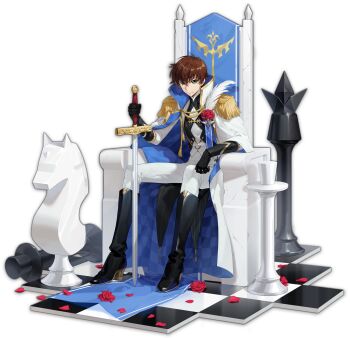 1boy artist_request black_boots black_gloves boots brown_hair chess_piece code_geass flower frown gloves green_eyes highres holding holding_sword holding_weapon king_(chess) knight_(chess) kururugi_suzaku mahjong_soul male_focus official_art petals red_flower red_rose rose rose_petals short_hair simple_background sitting solo sword tachi-e throne transparent_background weapon
