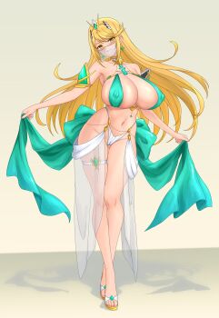 absurdres adapted_costume bare_arms blonde_hair breasts cameltoe cleavage core_crystal_(xenoblade) covered_erect_nipples dancer earrings haishi_kakyo hanging_breasts harem_outfit highres huge_breasts jewelry mythra_(xenoblade) sandals simple_background tiara xenoblade_chronicles_(series) xenoblade_chronicles_2 yellow_eyes