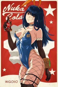 1girl animal_ear_hairband animal_ears artist_name black_gloves blue_choker blue_hair blue_leotard bottle breasts chainsaw_man choker elbow_gloves facial_scar fake_animal_ears fallout fishnet_pantyhose fishnets gloves hairband highleg highleg_leotard highres holding holding_bottle inigoiio leotard long_hair looking_at_viewer nuka_cola orange_eyes orange_hairband pantyhose pip_boy playboy_bunny rabbit_ear_hairband rabbit_ears ringed_eyes scar scar_on_cheek scar_on_face scar_on_nose small_breasts soda solo star_(symbol) strapless strapless_leotard yoru_(chainsaw_man)