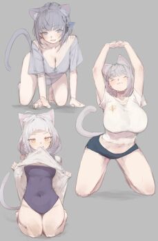 3girls animal_ears blue_eyes breasts cat_ears cat_girl cat_tail character_request grey_background hair_ornament large_breasts multiple_girls swimsuit tail theflatfacadeds thighs