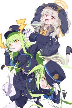 Rule 34 | 3girls, absurdres, adjusting clothes, adjusting headwear, aoba (blue archive), armband, blue archive, blue armband, blue hat, blue jacket, blue shoes, blue shorts, blue skirt, bow, bowtie, brown gloves, brown shirt, brown skirt, claw pose, collared shirt, commentary request, demon tail, fang, furrowed brow, gloves, green hair, hair between eyes, halo, hands on own head, hat, highres, hikari (blue archive), jacket, lightning bolt symbol, long hair, long sleeves, looking at viewer, multiple girls, murloc (user wxxf2533), newsboy cap, nozomi (blue archive), open mouth, orange eyes, pantyhose, peaked cap, pointing, pointing at viewer, pointy ears, red eyes, shirt, shoes, shorts, siblings, sidelocks, simple background, sisters, skin fang, skirt, tail, tears, twins, twintails, upper body, v-shaped eyebrows, very long hair, wavy mouth, whistle, white background, white gloves, white pantyhose, yellow bow, yellow bowtie