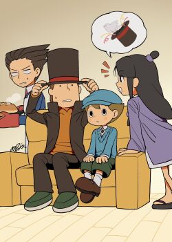 Rule 34 | 1girl, 3boys, ace attorney, akari-chan (e), apron, bird, black coat, black eyes, black hair, black hat, black pants, blue hat, blue jacket, blue suit, blue sweater, bread, brown hair, brown shoes, coach, coat, commentary request, food, formal clothes, from hat trick, green shoes, green shorts, hair ornament, hanten (clothes), haori, hat, hershel layton, highres, holding, holding tray, jacket, japanese clothes, kimono, luke triton, magic trick, maya fey, multiple boys, necktie, newsboy cap, orange shirt, pants, phoenix wright, professor layton, professor layton vs. phoenix wright: ace attorney, purple haori, red necktie, sandals, shirt, shoes, short kimono, shorts, sidelocks, signature, speech bubble, sphere hair ornament, spiked hair, spoken object, suit, sweater, top hat, topknot, tray, zouri