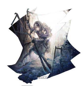 1girl black_boots black_coat black_dress black_hair black_thighhighs boots coat dress fur-trimmed_coat fur_trim grey_hair highres hololive hololive_english linshch long_hair multicolored_hair oversized_object ribbon scissors shiori_novella shiori_novella_(1st_costume) single_thighhigh solo split-color_hair striped_clothes striped_thighhighs thighhighs two-tone_hair virtual_youtuber white_ribbon yellow_eyes yorick_(shiori_novella)