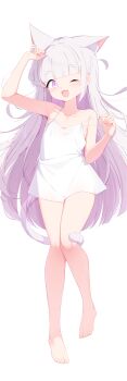 1girl absurdres animal_ear_fluff animal_ears arm_up bare_arms bare_shoulders barefoot blunt_bangs camisole cat_ears cat_tail colored_inner_hair commentary_request commission dakimakura_(medium) fang flat_chest full_body hand_up highres incredibly_absurdres large_variant_set long_hair looking_at_viewer multicolored_hair one_eye_closed open_mouth original painter-lhb pink_eyes pink_hair psd_available simple_background skin_fang sleepwear smile solo tail tail_around_own_leg tail_wrap tareme transparent_background two-tone_hair variant_set very_long_hair white_camisole white_hair